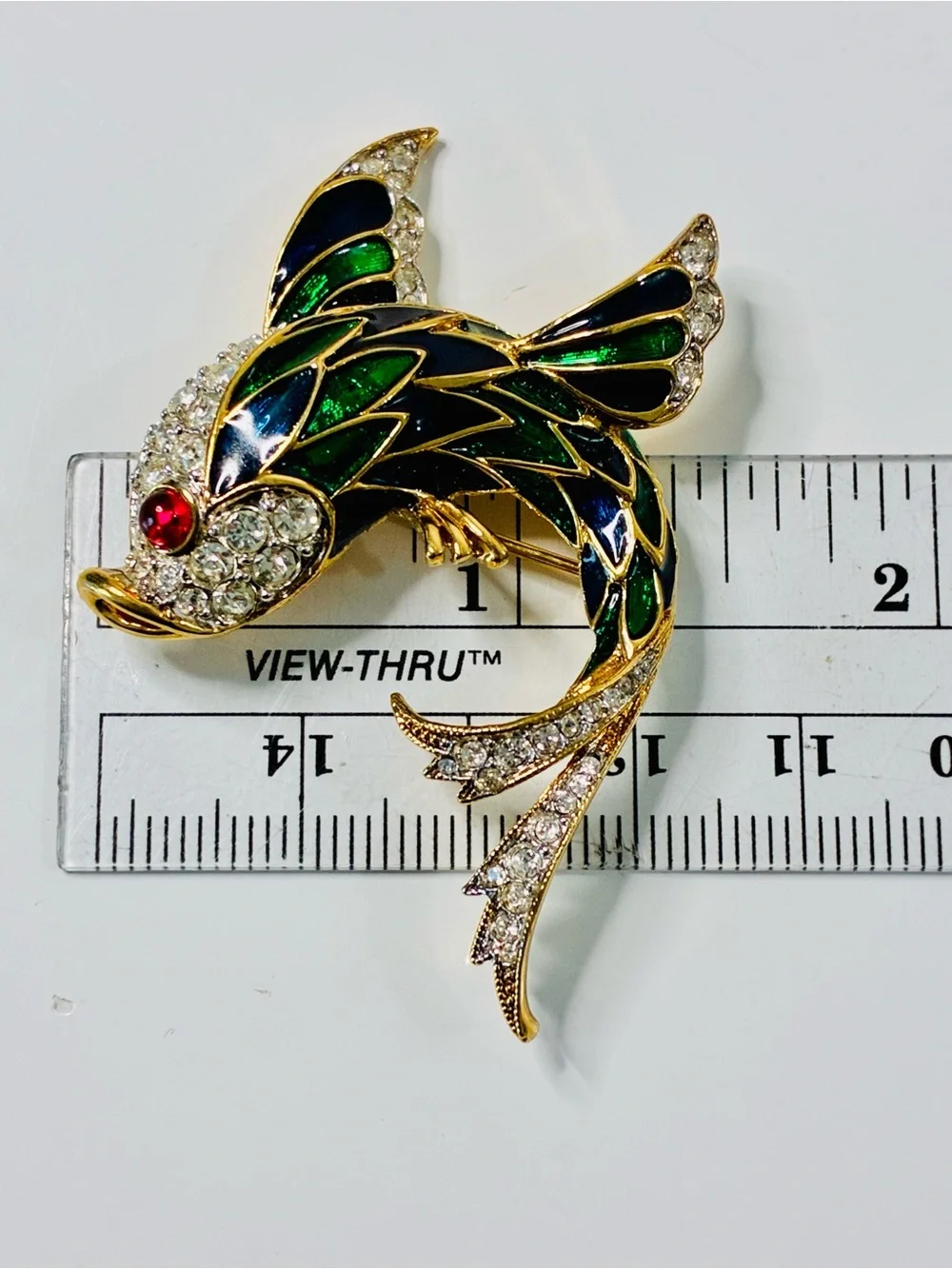 VTG Gold-Tone Green & Blue Enamel Fish Brooch with Clear Crystal Accents EUC